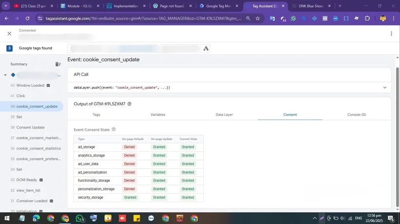 Tag Assistant showing consent states updating from denied to granted