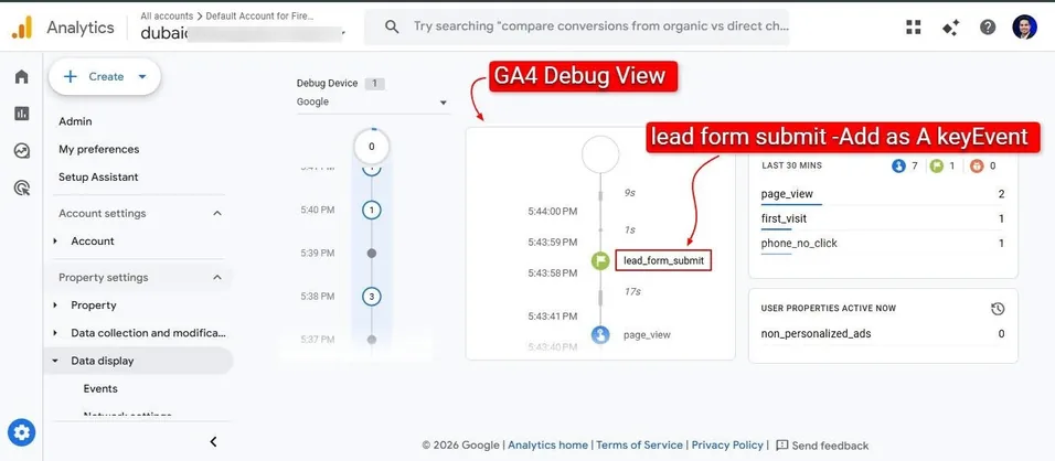 GA4 debug view showing lead form submit events