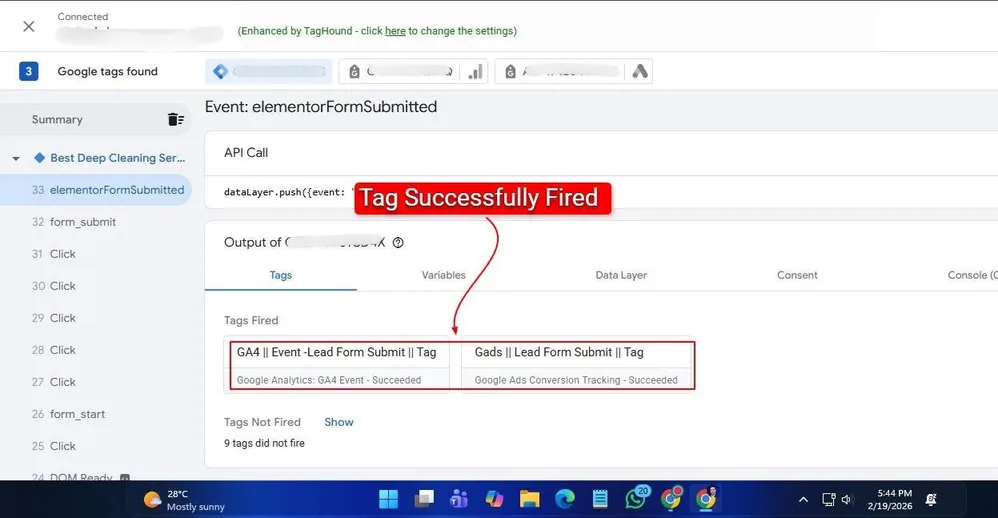 Tag Assistant showing the Google Ads conversion tag fired on lead form submit