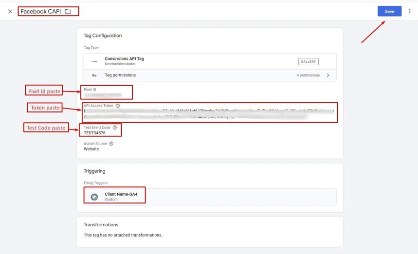 Facebook Conversions API tag configured in GTM for MX Shop