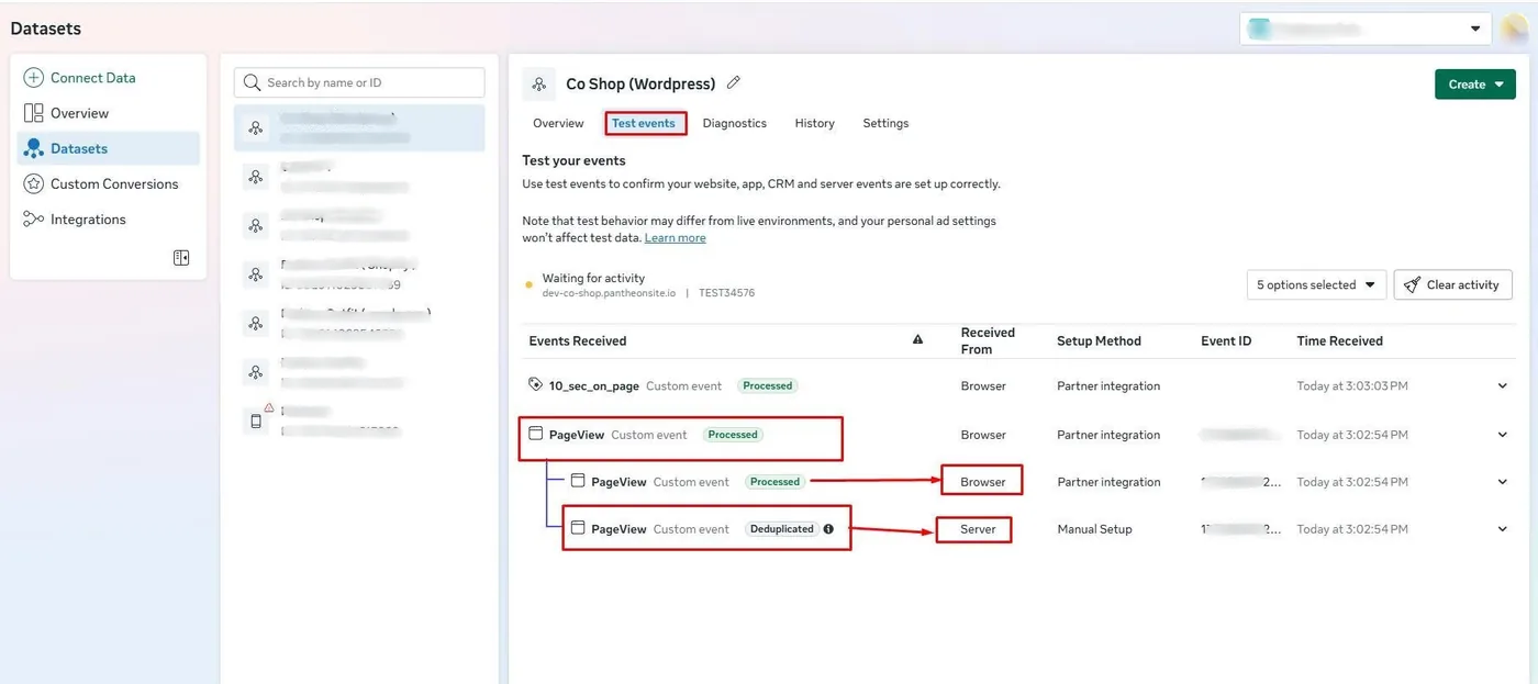 Meta Test Events showing browser PageView processed and server PageView deduplicated