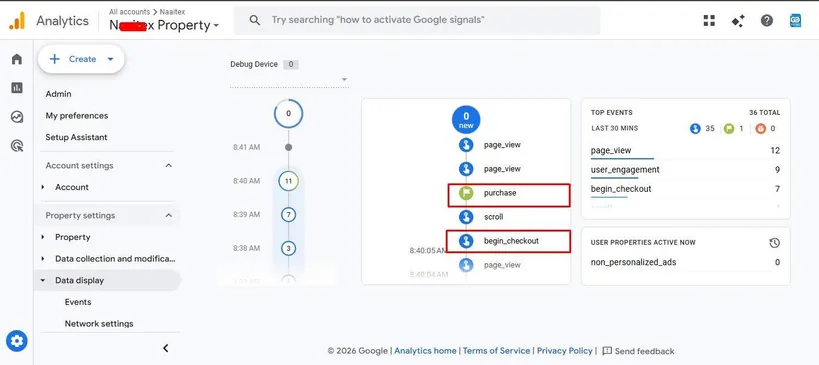 GA4 realtime report showing purchase events for NaaiteX