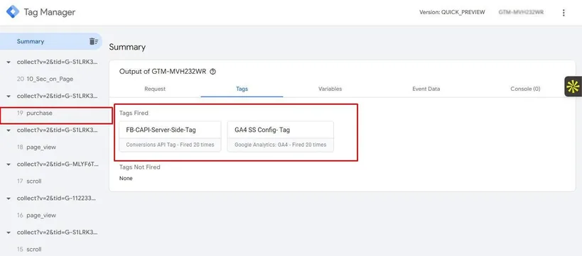 GTM summary showing purchase event tags fired