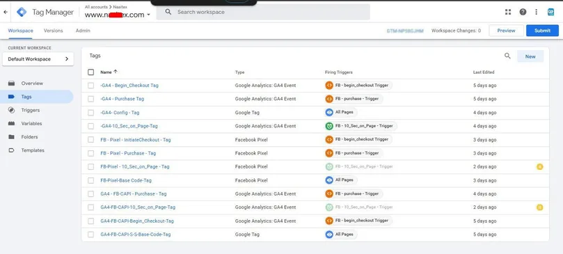 GTM container with GA4 and Meta tags for NaaiteX