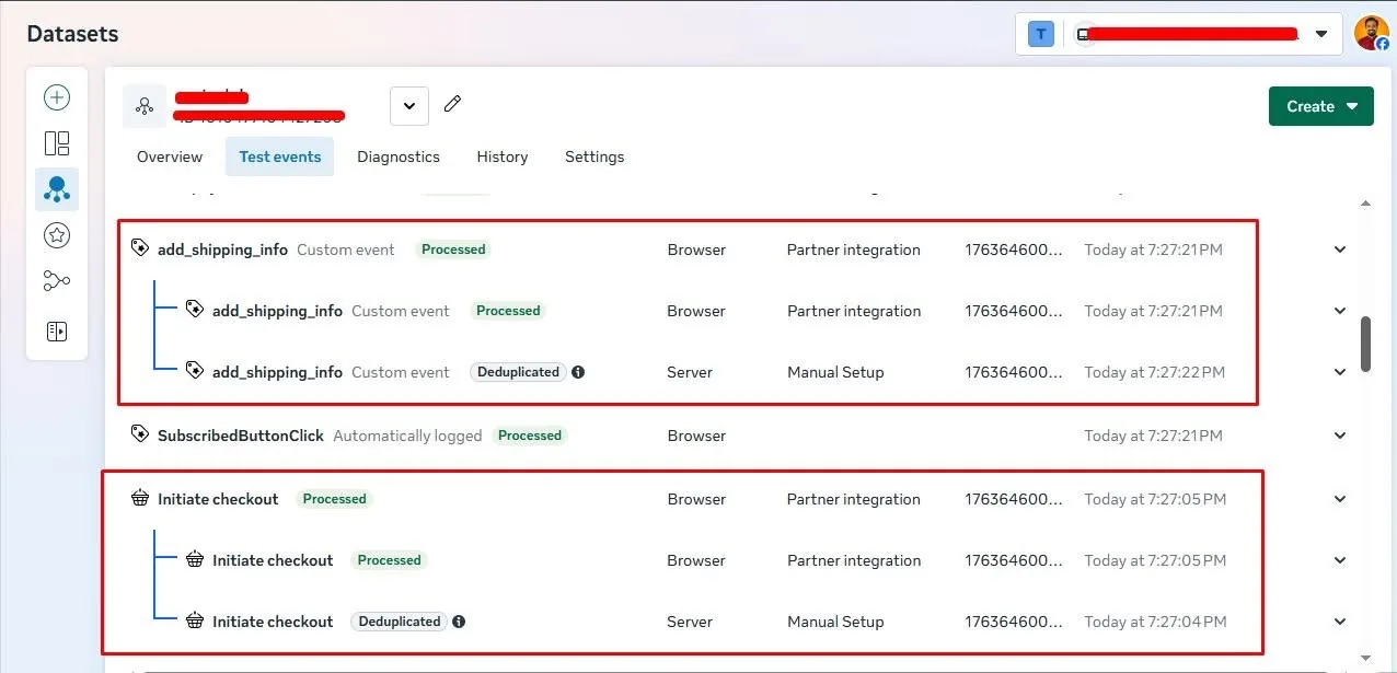 Browser and server purchase events received and deduplicated in Meta Events Manager