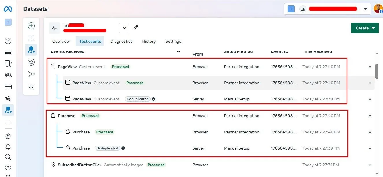 Browser and server events shown as processed and deduplicated