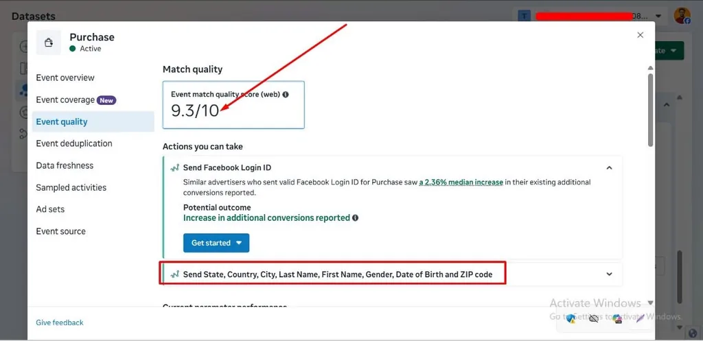 Meta Events Manager showing event match quality 9.3